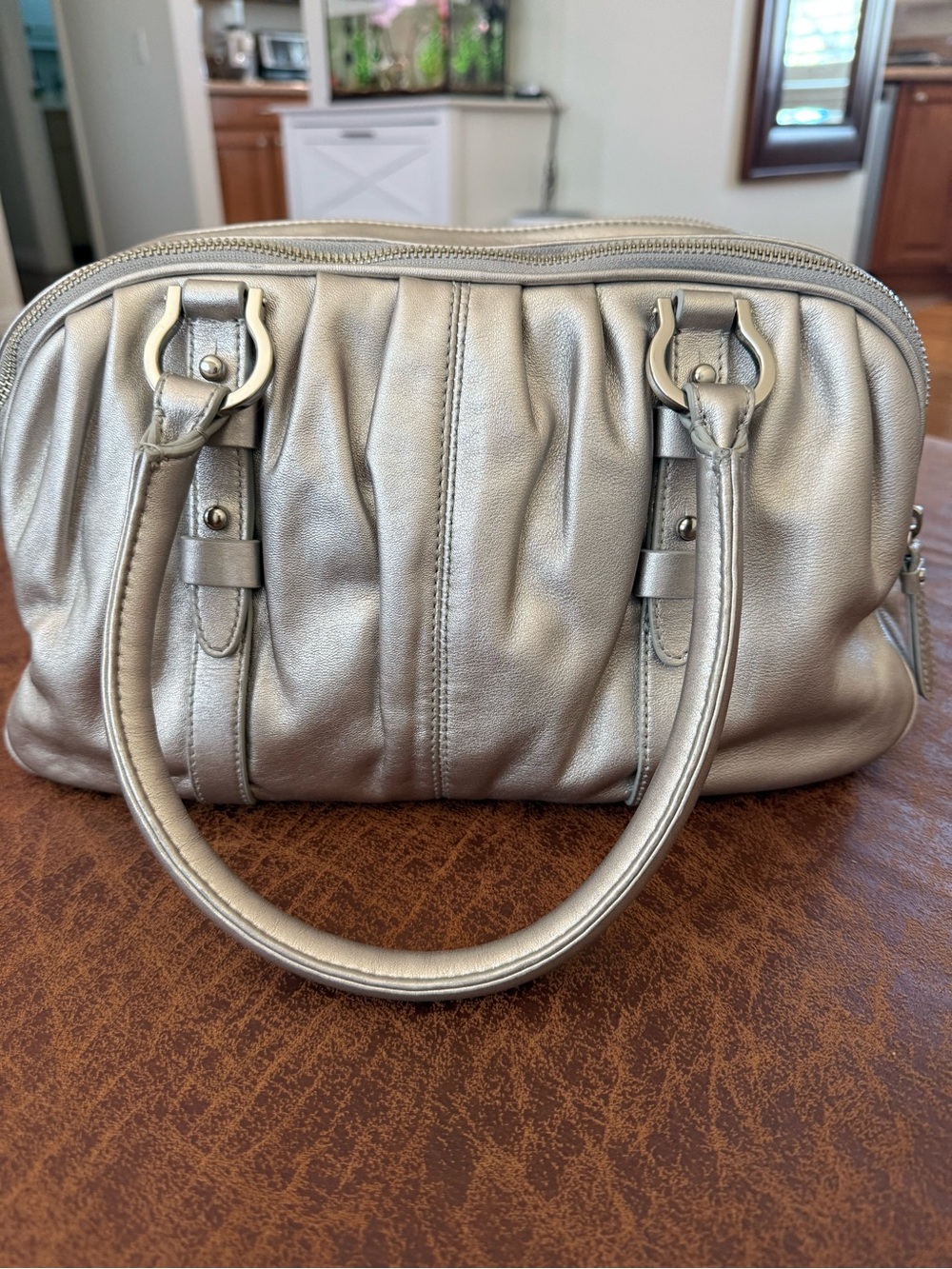 Cole Haan Lamb Pheobe Metallic 3 Zip Satchel EUC